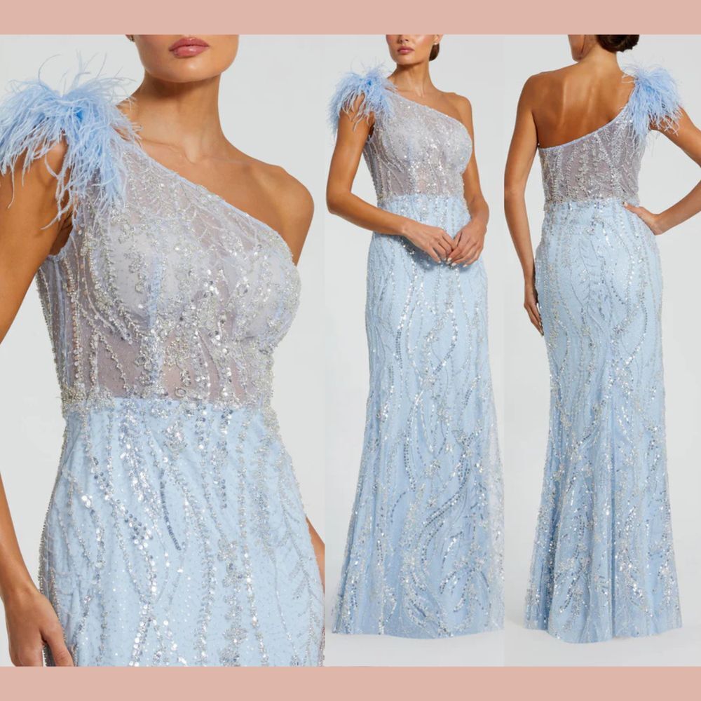 NWT MAC DUGGAL [ 2 ] 20887 Feathered One Shoulder Embroidered Applique Gown Blue